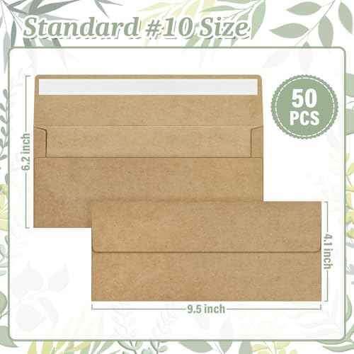 50 Pcs Kraft #10 Business Envelopes, Self Seal Standard Envelopes, Windowless Business Mailing Envelopes for Office, Checks, Letters, Invoices, Statements, Wedding, 4-1/8 x 9-1/2 inch