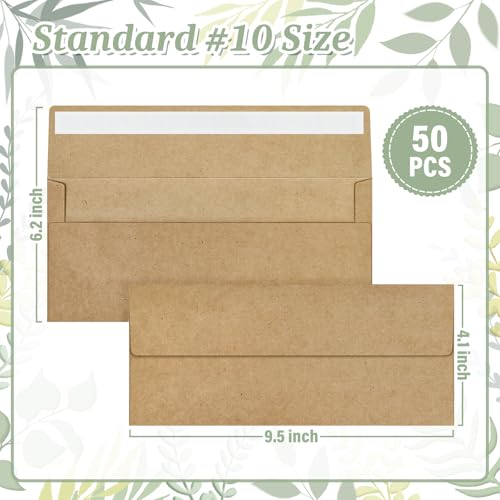 Mulbozy 50 Pack Kraft #10 Business Envelopes, Self Seal Windowless Office Mailers, 4-1/8 x 9-1/2 Inch