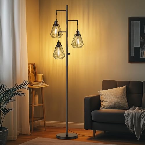 QiMH Industrial Floor Lamps for Living Room, Tree Standing Lamp with Stepless Dimmable, 68" Modern Tall Stand up Lamps for Bedroom Study Office, E26 Socket, 3 LED Bulb Included, Black
