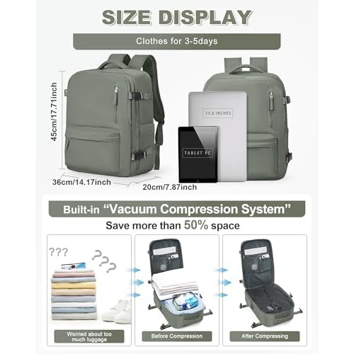 winspansy Large Storage Vacuum Compression Travel Backpack Seal Bags with Pump Clothing 18x14x8 Personal Item Work Carry on Business Vacpack College Laptop Backpack for Women Men Dark Green
