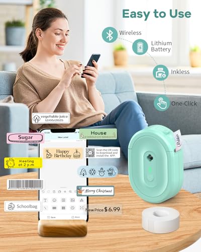 NDYIN N12 Bluetooth Label Maker with Green Tape, Wireless Portable Printer
