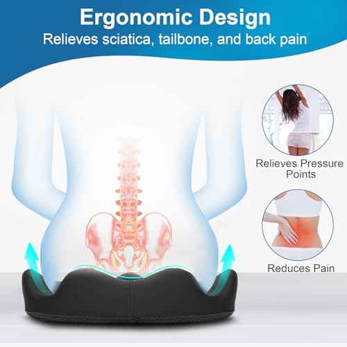 PilloVive Memory Foam Seat Cushion for Office Chairs & Car Seat - Ergonomic Office Desk Seat Cushion- Doctor Recommended for Tailbone & Sciatica Pain Relief & Back Support(Black)