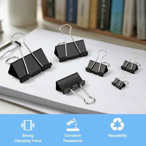 150 PCS Binder Clips Assorted Sizes, Extra Large Medium Small Mini and Micro, Metal Paper Binder Clip Black,Paper Clamps, 6 Sizes for Office, School and Home