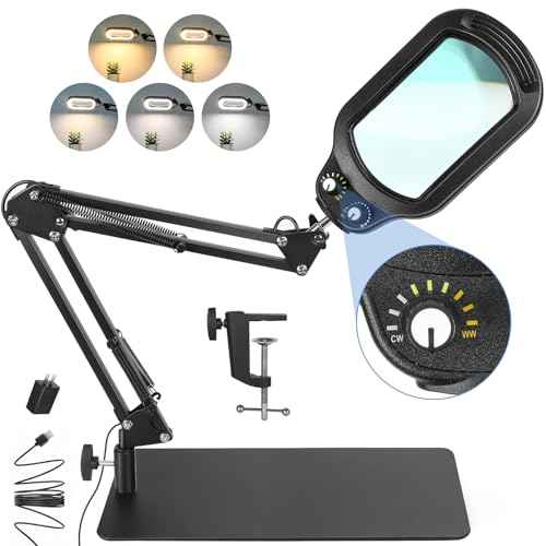 10X Rectangle Magnifying Glass with Light and Stand, Real Glass Lighted Magnifier Hands Free, Mechanical Knob 5 Color Modes Stepless Dimmable, 2-in-1 LED Desk Lamp with Clamp for Close Work, Reading