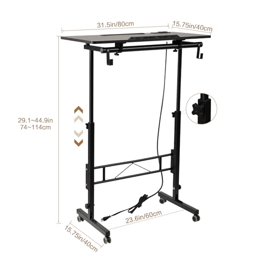 SIDUCAL Standing Desk Height Adjustable with Tiltable Tabletop, Rolling Laptop Desk with Charging Station, Sit Stand Portable Stand Up Desk with Wheels, Black