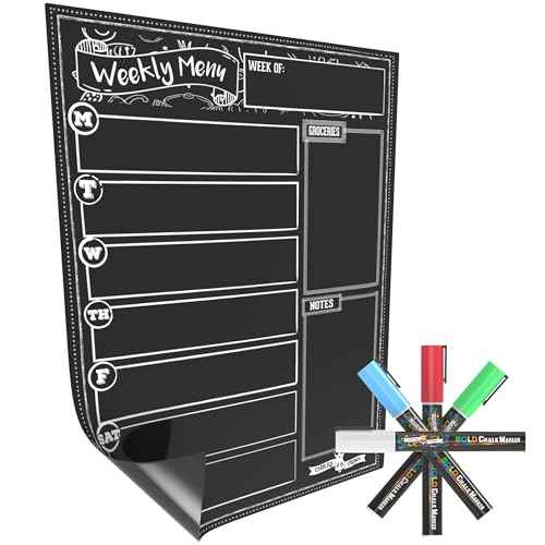 CHALKY CROWN Magnetic Dry Erase Menu Board for Fridge Includes 4 Liquid Chalk Markers - Weekly Meal Planner Blackboard, Grocery List & Notepad for Kitchen Refrigerator - Chalkboard Magnet
