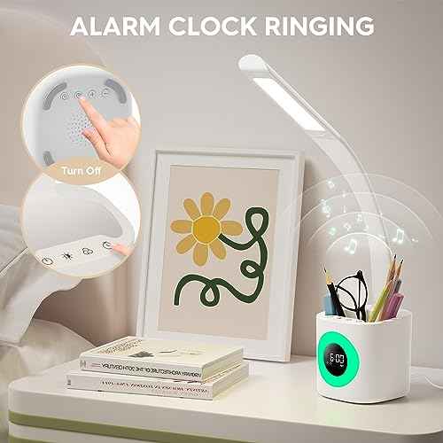 Hokone Desk Lamp for Kids, LED Desk Light for Home Office Dimmable USB Table Lamps with Clock Pen Holder Adjustable Desk Lamps with Color Night Lamp,Children's Christmas Gifts White