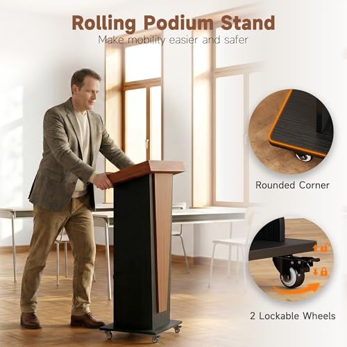 Podium Stand with Wheels & Cabinet, 15° Tilted Tabletop – Black Brown Variation