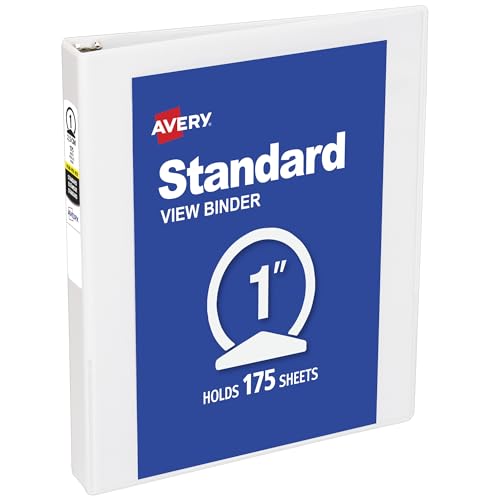 Avery Standard View 3 Ring Binder 1 Inch, White, 175-Sheet Capacity, Includes 1.4" Spine