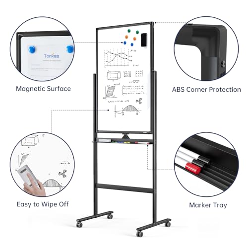 Tankee Black 24"x40" Adjustable Standing Whiteboard on Wheels - Double-Sided Dry Erase Board for Office & Classroom