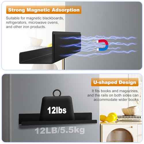 2 Pack Magnetic Book Shelf for Whiteboard - 17 Inch Reusable Metal Magnetic Shelves, Holds 12 lbs, Magnetic Book Display for Classrooms, Kitchen, Kids' Room - New Black