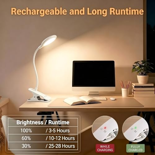 Rechargeable Clip-On Reading Light with 3 Color Modes & Adjustable Neck