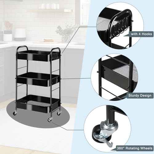 3-Tier Rolling Utility Cart with Stopper Caster Wheels and 4 Hooks, Easy Assembly, for Kitchen, Bathroom, Living Room, Office (Black)