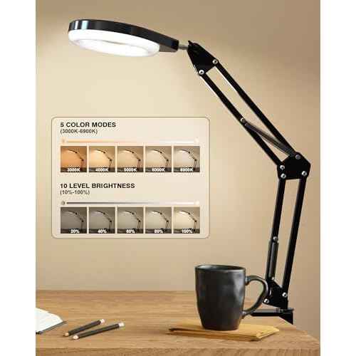 Lighted Magnifying Glass, 10X & 5X Magnifying Glass with Light, Dimmable Magnifier with Lamp, Adjustable 10 Level Brightness and 5 Color Desktop Clamp Magnifiers for Craft Painting Workbench (White)