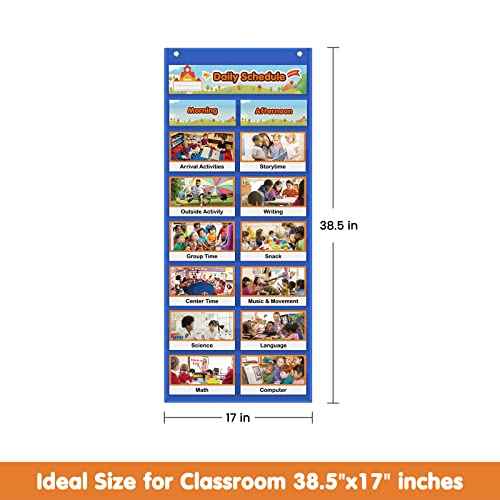 Auchq Daily Schedule Pocket Chart, Visual Schedule for Kids with 23 Activity Cards, 8+1 Pockets, 4 Blank Dry-Erase Cards Included, Great for Classroom Preschool-1 st Gr.(17¡¯¡¯ x 38.5¡¯¡¯ in)
