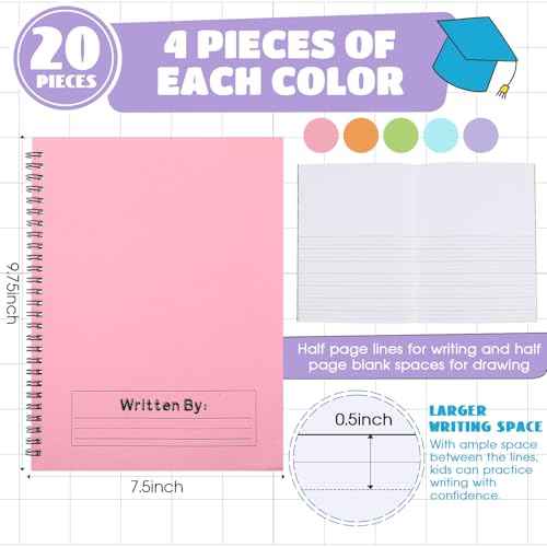 Henoyso 20 Pcs 100/50 Sheets Primary Composition Notebook K-2 Bulk Spiral Primary Journal Drawing Handwriting Practice for Kids Kindergarten 1st 2nd Back to School Supplies (Pastel Color,50 Sheets)