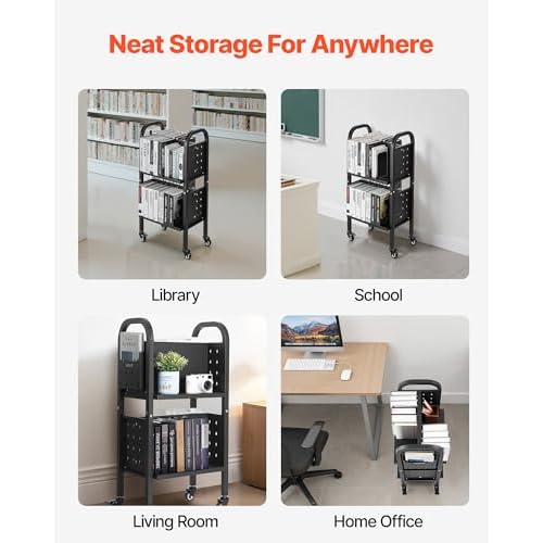 VEVOR Rolling Library Book Cart, 150 lbs Capacity, 17.7 x 13.0 x 34.6-Inch Library Cart, Double Sided L-Shaped Shelves with 2-Inch Lockable Wheels, Book Truck for Home Shelves Office and School, Black