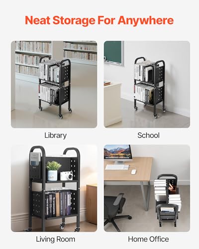 VEVOR Rolling Library Book Cart 150 lb Capacity 2-Tier Mobile Station 17.7 x 13 x 34.6 in