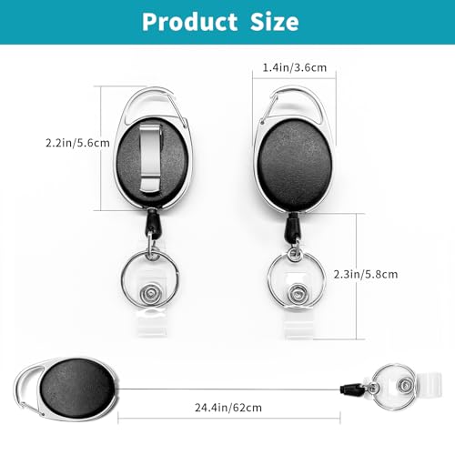Vetoo 100 Pack Retractable Black Badge Reel with Clip, Carabiner, and Key Ring ? Coil Nylon Rope Badge Reel Keychain for School, Nurses, and Office Use