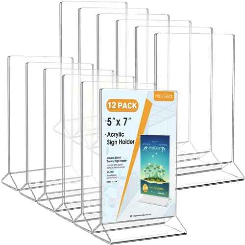 MaxGear Acrylic Sign Holder Table Card Display 5 X 7 inches Clear Sign Display Holder Plastic Table Menu Stand Double Sided Ad Picture Frame for Office, Home, Store, Restaurant, 12 Pack