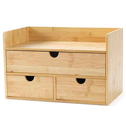 Wisuce Bamboo Desk Organizer, Mini Desktop Drawer Tabletop Storage Organization Box for Office Home Toiletries Supplies Vanity, No Assembly Required (3 Drawer with Shelf)