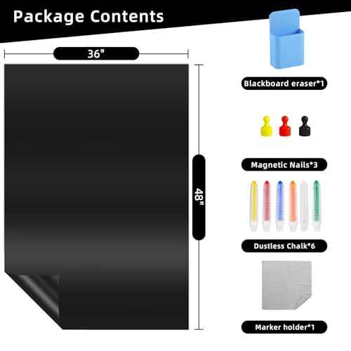 Magnetic Black Dry Erase Board for Refrigerator, 48" x 36"Chalk Board Contact Paper Decal for School, Office, Kitchen Fridge, Kids Drawing with Dustless Chalk, Holder and Magnets
