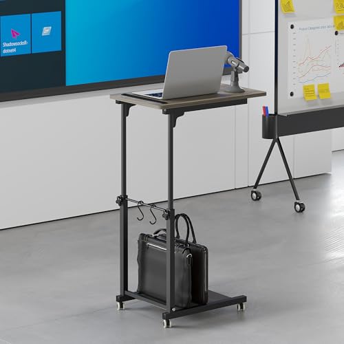 Overbed Table, Sofa Side Bedside C Table with Wheels, Hospital Bed Table Rolling Tray with Storage, Adjustable Height Mobile Computer Desk Laptop Table for Home Use with Hooks