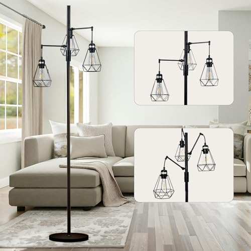 JuGuo 69" Industrial Tree Floor Lamp with Stepless Dimming - Adjustable Cage Shades & weighted Base, Vintage Dimmable Standing Light for Living Room/Office, 3x Edison Bulbs Included (Farmhouse Rustic)