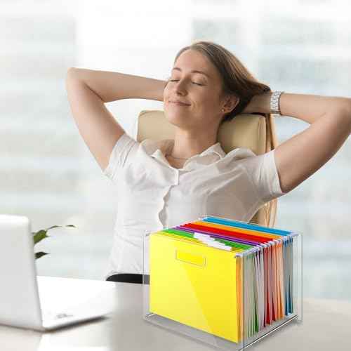 24 Hanging File Folder with Acrylic Organizer for Letter/a4 Size Desktop Clear File Storage Box with Handles for Home Work Office Use(Rainbow,Classic)