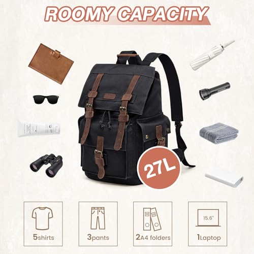 Kattee Men¡¯s Leather Canvas Backpack Large School Bag Travel Rucksack Black