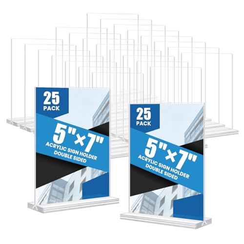 Acrylic Sign Holder 5x7, 25 Pack Clear Double Sided Table Menu Vertical Display, Plastic Flyer Display Stand, Paper photo Plastic Sign Frame Suitable for Restaurants Office Store Hotels, Show Fair