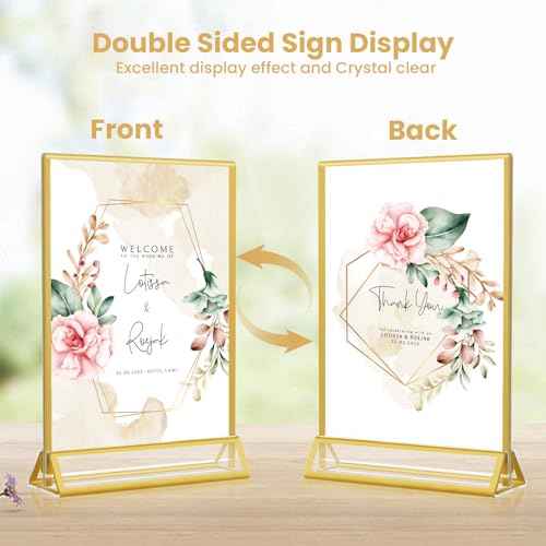 5x7 Gold Acrylic Sign Holder, 12 Pack Wedding Table Number Stands With Vertical Gold Borders, Double Sided Picture Frame Paper Stand, Clear Photo Display Menu for Party, Home, Restaurant