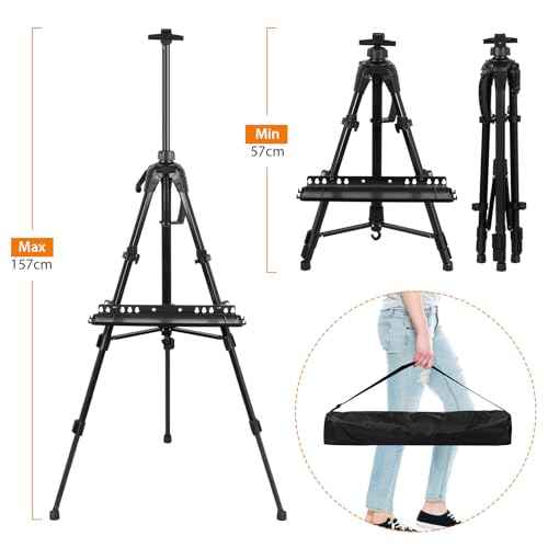 Art Easel Aluminum Alloy Portable Extendable Easel with Hand Crank Adjustable to 61.8 '' Drawing Board Holder, Compass, Level and Storage Bag -for Artists, Painters, Sketching, Outdoor Painting