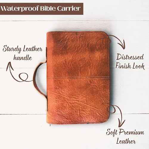 Leather Bible Cover Book Cover Planner Cover with Zipper & Handle and Inner Pocket for Men and Women- Church Bag Carrying Case Christian Religious Gifts (Brown, Medium)