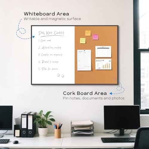 Magnetic White Board and Cork Board Combo, 24" x 18", Dry Erase Bulletin Board, Black Aluminum Frame, Wall Hanging, for Home Office and School
