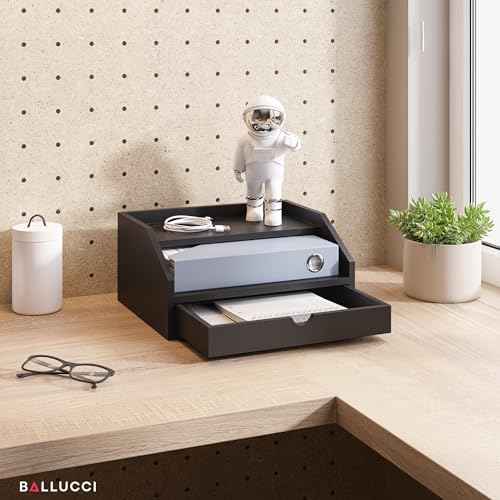 Ballucci Desk Organizer with Drawer, 2 Tier Paper Office Supplies Desk Organizer, 13 2/5" x 9 3/5" x 6", Black