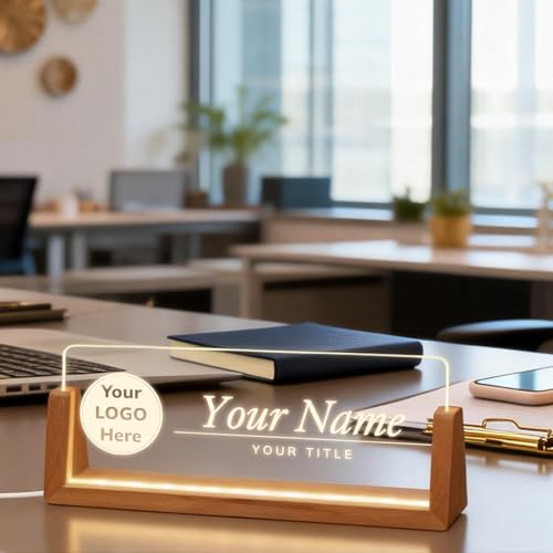 Personalized Light Up Acrylic Desk Name Plate with Walnut Base - LOGO Edition