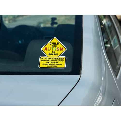 Child with Autism On Board Sticker 2-Pack Decals | Latex Optimized Bright Visible Durable Stickers | 5.5-Inches by 4.5-Inches | Emergency Alert for Autistic Child Stickers