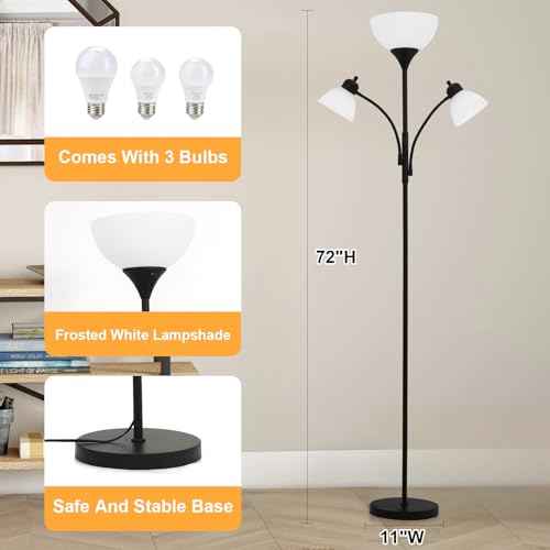 3 in 1 Lamps for Living Room, Floor Lamp with 2 Adjustable Reading Lights, Stepless Dimming Floor Lamps, 3 LED Bulbs Included, Modern Standing Lamp for Bedroom, Office, Home Essentials