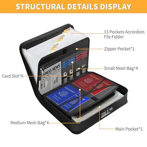 JUNDUN Accordion File Organizer with Lock,Multi-Pockets Fireproof Document Organizer with Handle & Zipper - 13 Pockets Expanding File Folder with Labels for Letter A4 Files and More