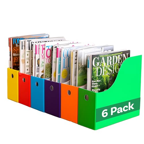 Set of 6 Multicolor Magazine File Holders - Office Desk Organizer, 4-inch Wide, Reinforced Front Panel