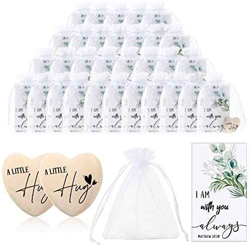Bucherry 100 Sets Wooden Heart Pocket Hug Token with Bible Hug Card Organza Bag Bulk Student Gift Relationship Gift Love Pocket Reminder Keepsake Heart Charm for Family Friend Colleagues