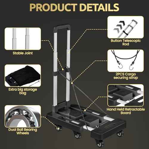 Folding Hand Truck,Foldable Dolly Cart With Wheels,500LB Heavy Duty Luggage Cart,6-wheel convenient Hand Truck,2 fixing ropes & 1 extra big storage bag Suitable for luggage,travel,moving(Black)