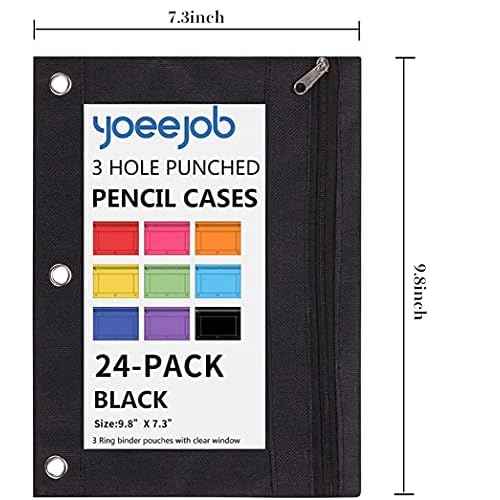 YoeeJob Pencil Pouch for 3 Ring Binder, 50 Pack Binder Pouches with Zipper Bulk, Pen Holder Case with Clear Window School Class Office Organizers, Black
