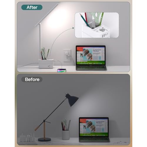 Addtam LED Desk Lamp with Pen Holder, Study Lamps with 3 Outlets 4 USB Charging Ports(2 USBC), 3 Color Modes Desk Light Touch Lamp, Small Desk Lamps for Home Office College Dorm Room Essentials