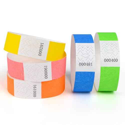 DGBDPACK 500 Pcs Neon Wristbands, 1-500 Consecutive Numbers, 5 Colors, Waterproof Tearproof Wrist Straps Admission Bracelets Tickets (Assorted)