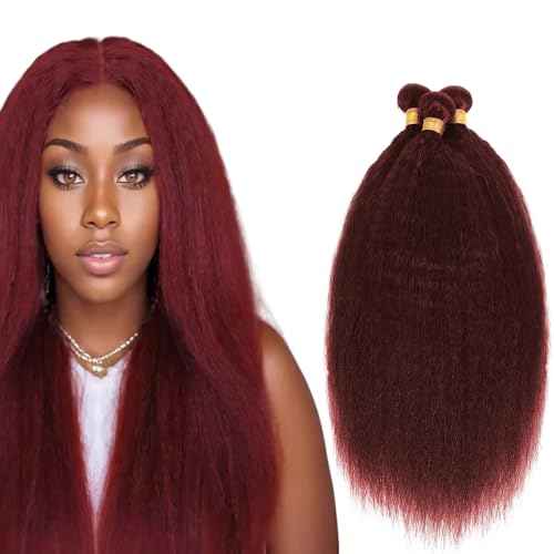 #99J Burgundy Bundles Human Hair Yaki Straight Bundles 22 24 26 Inch Wine Red Kinky Straight Bundle Unprocessed Brazilian Virgin Weave Hair 3 Bundle 50 Gram Per Bundle