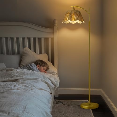 Oneach Brushed Gold Arc Floor Lamp with Rattan Shade, Foot Switch, Farmhouse Style for Living Room & Bedroom
