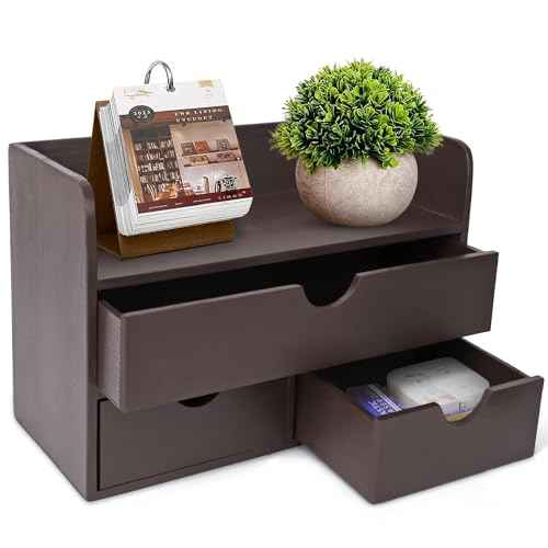 Besti Wooden Office Desk Organizer - Organizing Tool for Desktop, Cubicle, Bedroom, Kitchen - Vintage Style Organization Caddy with Top Tray Shelf & 3 Drawers - 13.6x9x7 Inches (Dark Brown)