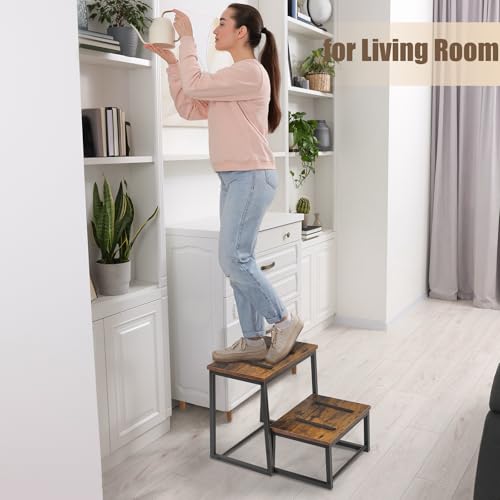 Vrisa Rustic Brown 2-Step Wood Stool with 550 Lbs Load Capacity — 3-in-1 Foldable Bedside Kitchen Stool